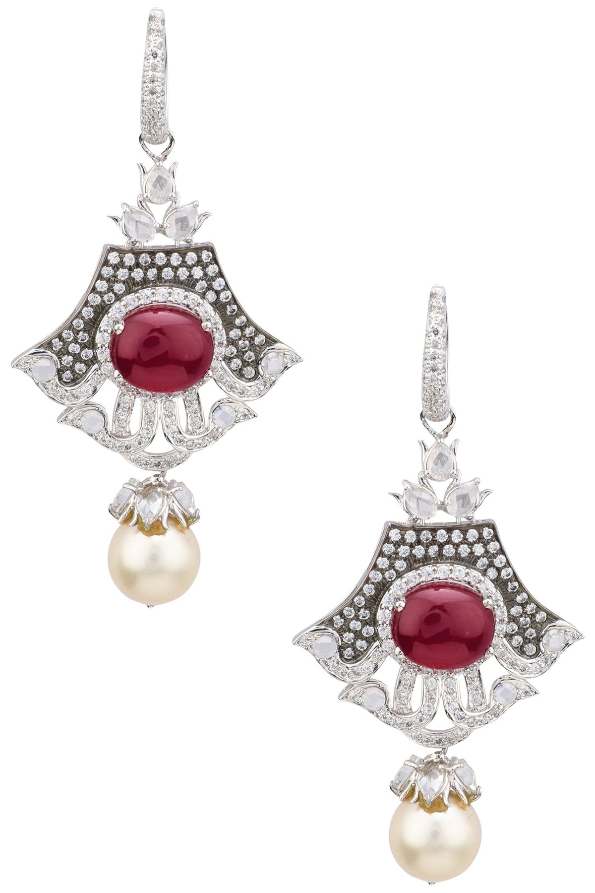 Rhodium Plated Zircons, Ruby and Pearl Earrings