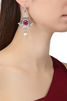 Rhodium Plated Zircons, Ruby and Pearl Earrings