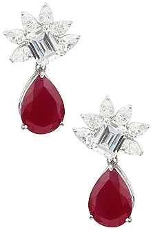 Rhodium Plated Cubic Zircons and Ruby Drop Earrings