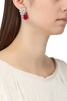 Rhodium Plated Cubic Zircons and Ruby Drop Earrings