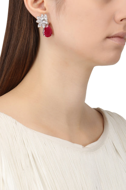 Rhodium Plated Cubic Zircons and Ruby Drop Earrings