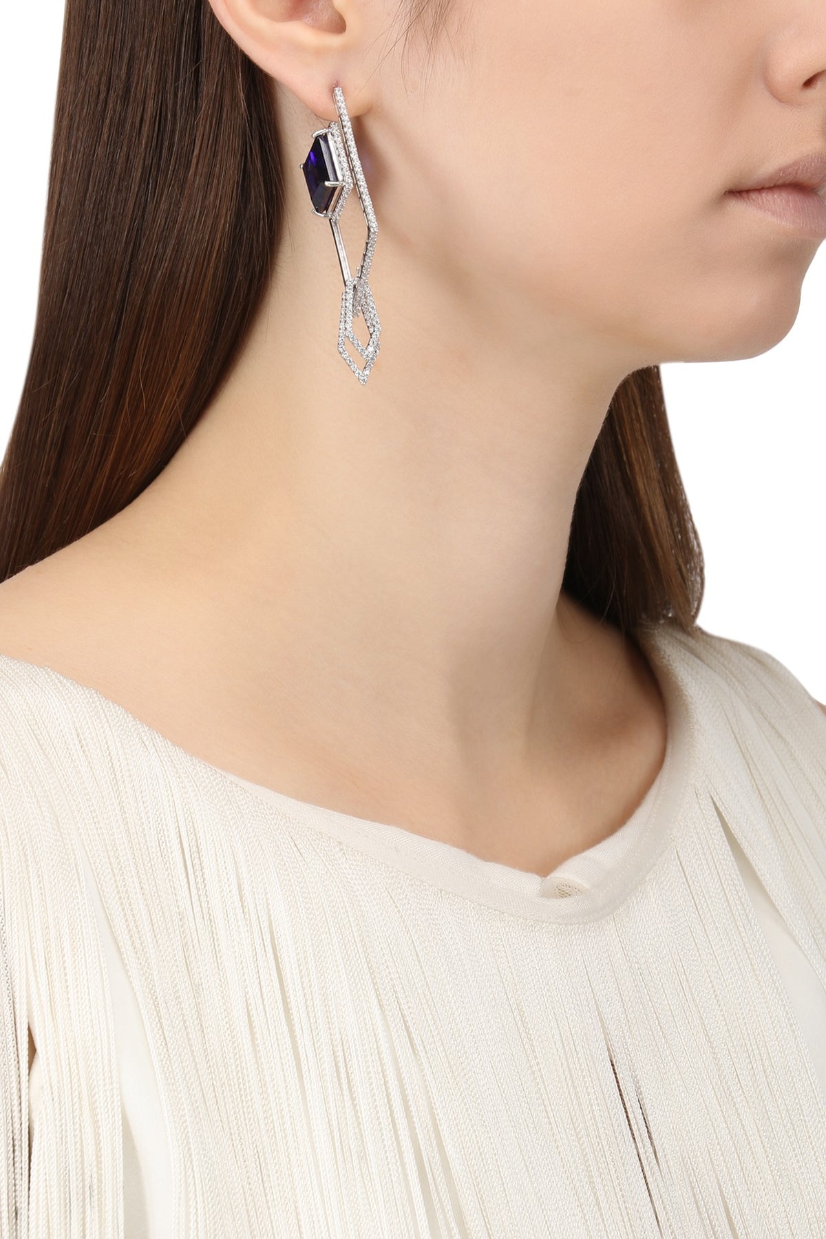 Rhodium Finish Zircons and Tanzanite Earrings