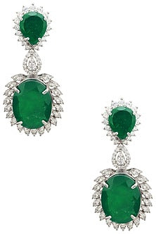 Rhodium Finish Zircons and Emerald Drop Earrings