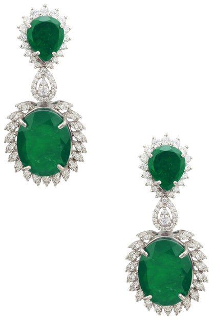 Rhodium Finish Zircons and Emerald Drop Earrings