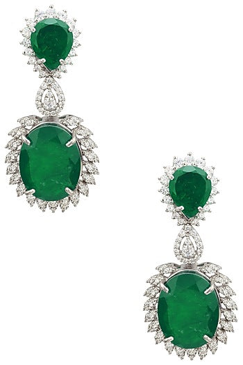 Rhodium Finish Zircons and Emerald Drop Earrings
