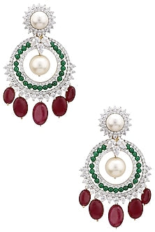 Rhodium Plated Zircons, Rubies and Emeralds Earrings