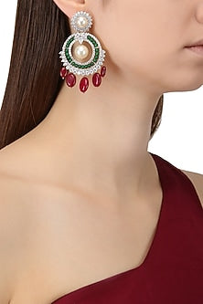 Rhodium Plated Zircons, Rubies and Emeralds Earrings