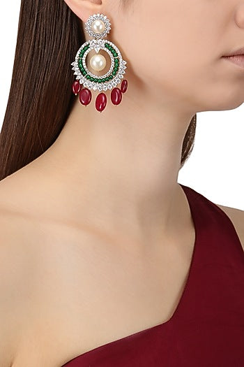 Rhodium Plated Zircons, Rubies and Emeralds Earrings