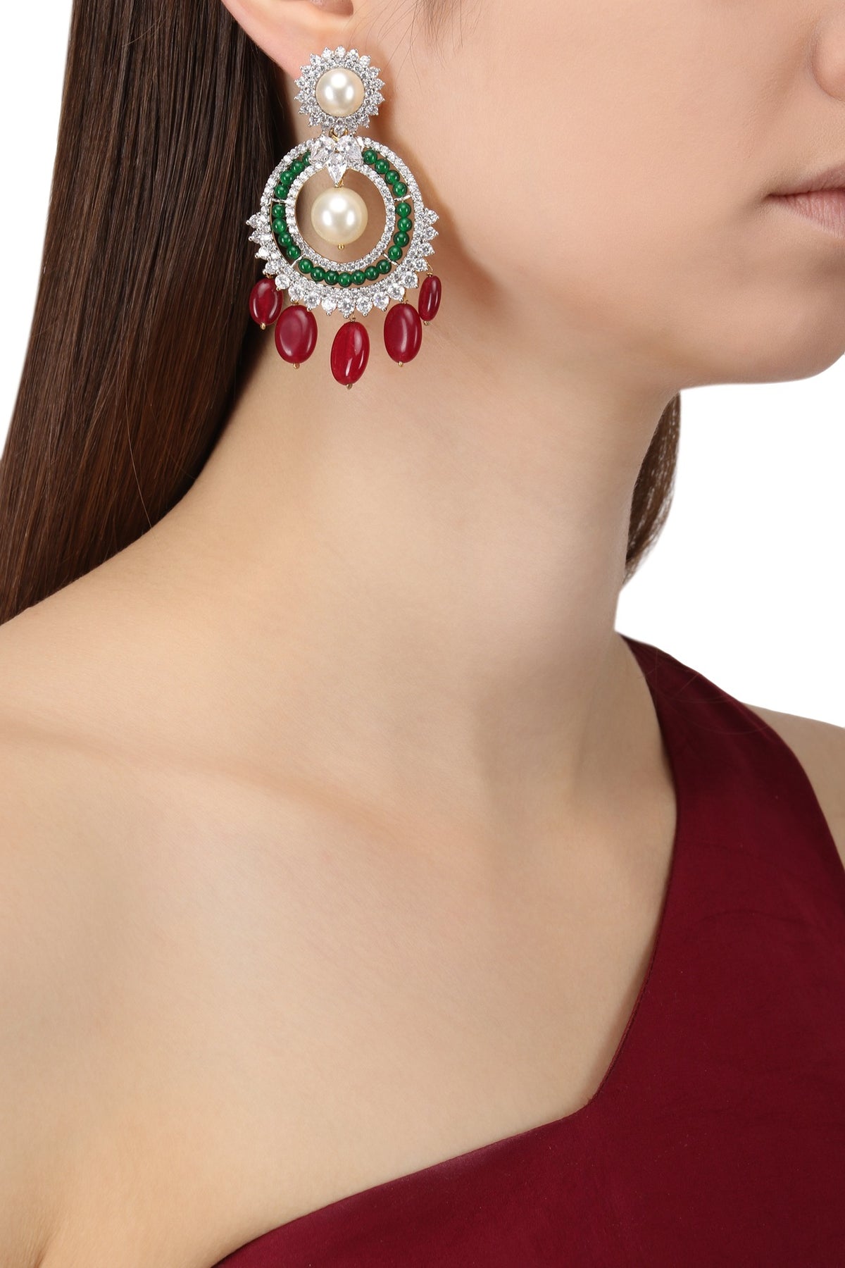 Rhodium Plated Zircons, Rubies and Emeralds Earrings