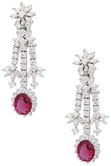 Rhodium Finish Zircons and Red Tourmaline Earrings