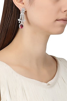 Rhodium Finish Zircons and Red Tourmaline Earrings