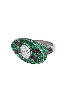 Rhodium Finish Zircon and Swarovski Textured Oval Shape Ring