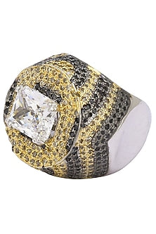 Rhodium Finish Black and Gold Zircon and Swarovski Ring