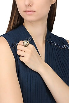 Rhodium Finish Black and Gold Zircon and Swarovski Ring