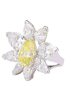 Rhodium Finish Tear Shaped Yellow and White Zircons Ring