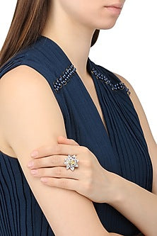 Rhodium Finish Tear Shaped Yellow and White Zircons Ring