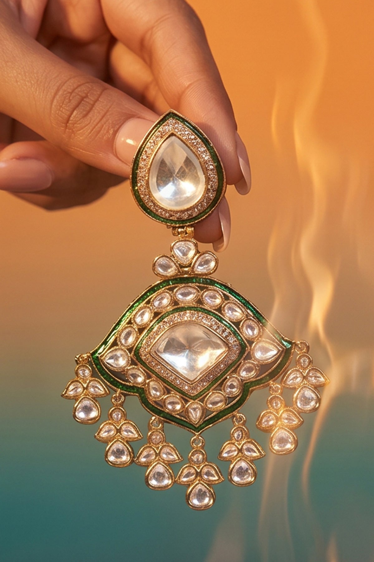 Gold Finish Kundan Polki Dangler Earrings