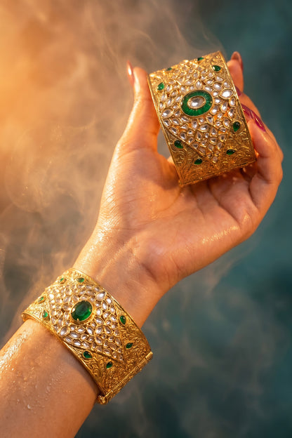 Gold Finish Kundan Polki & Green Stone Bangle