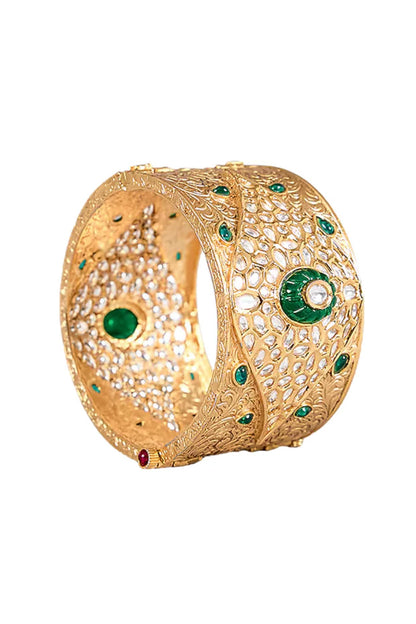 Gold Finish Kundan Polki & Green Stone Bangle
