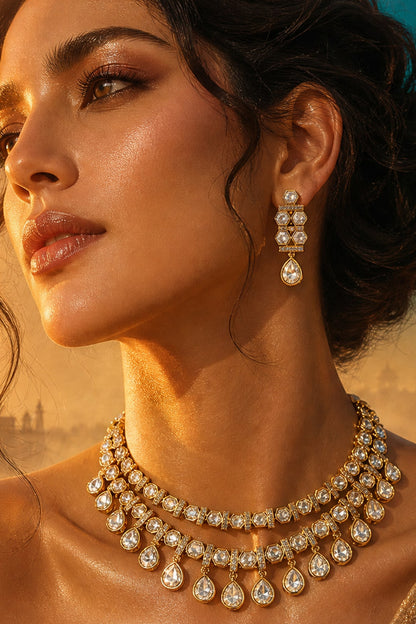 Gold Finish Moissanite Kundan Polki Necklace Set