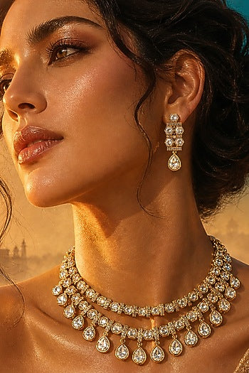 Gold Finish Moissanite Kundan Polki Necklace Set