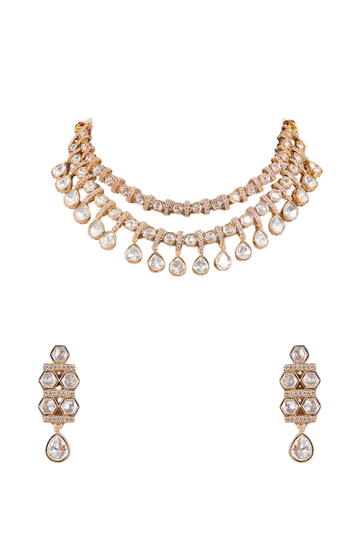 Gold Finish Moissanite Kundan Polki Necklace Set