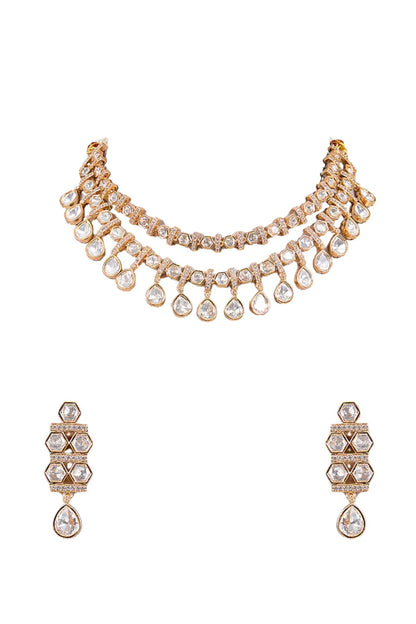 Gold Finish Moissanite Kundan Polki Necklace Set
