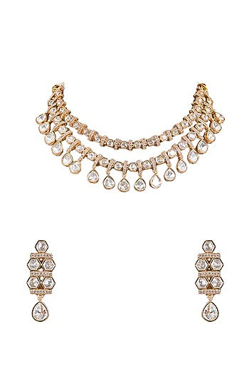 Gold Finish Moissanite Kundan Polki Necklace Set