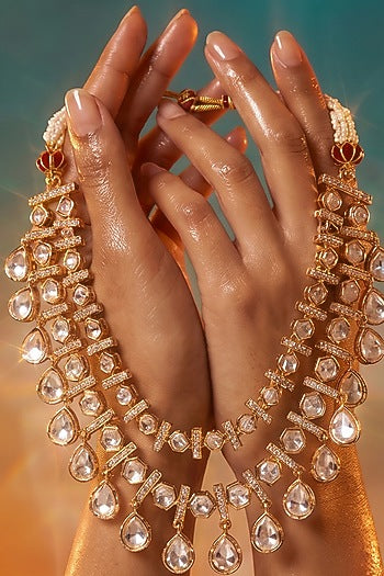 Gold Finish Moissanite Kundan Polki Necklace Set