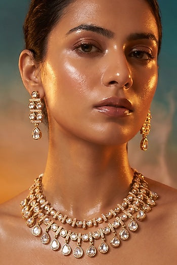 Gold Finish Moissanite Kundan Polki Necklace Set