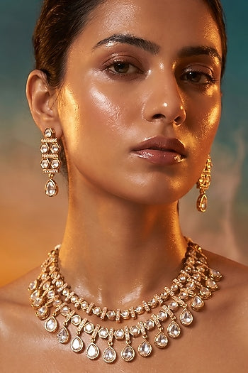 Gold Finish Moissanite Kundan Polki Necklace Set