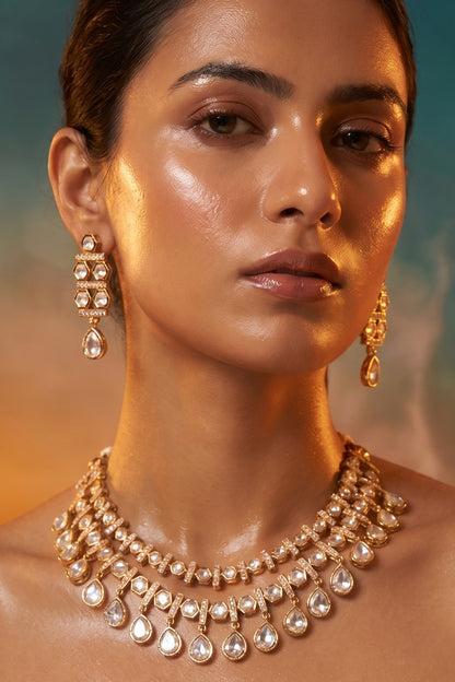 Gold Finish Moissanite Kundan Polki Necklace Set