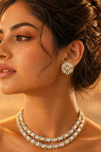 Gold Finish Moissanite Kundan Polki Necklace Set