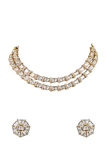 Gold Finish Moissanite Kundan Polki Necklace Set