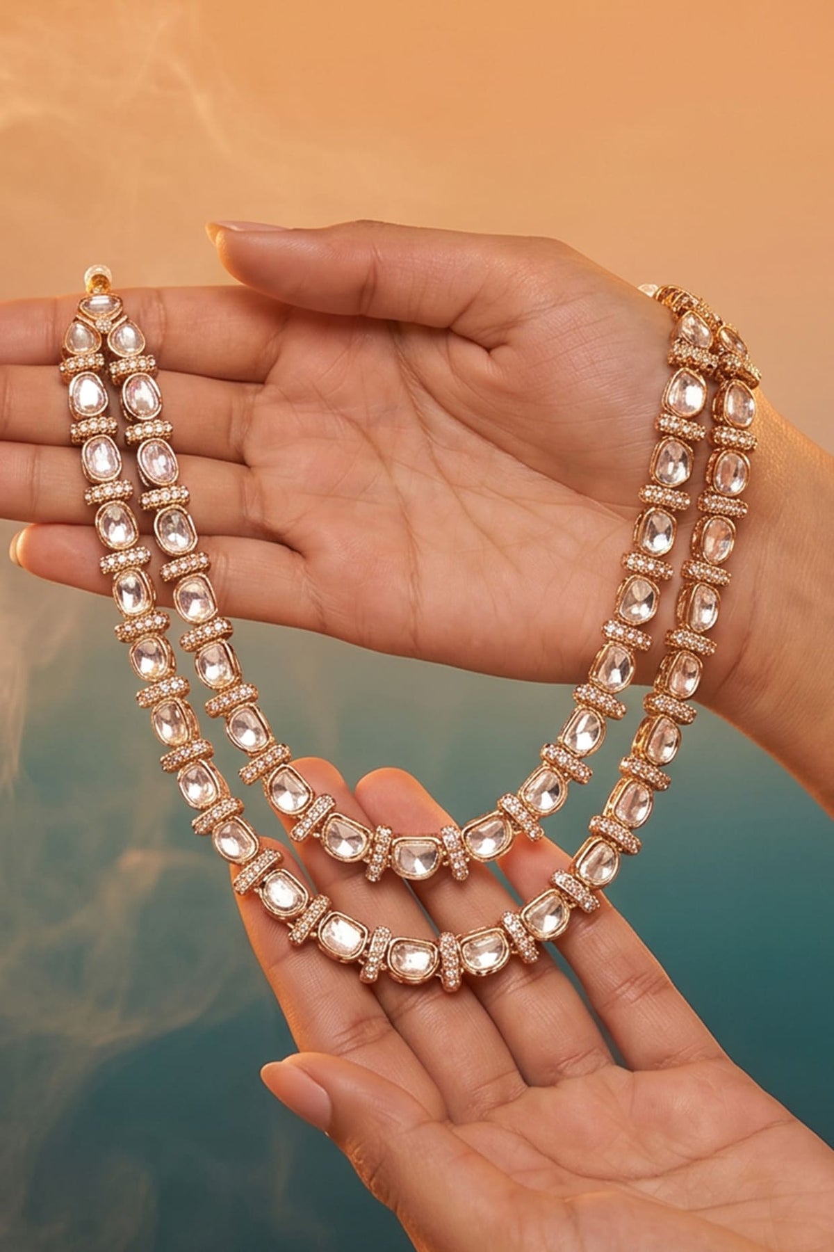 Gold Finish Moissanite Kundan Polki Necklace Set