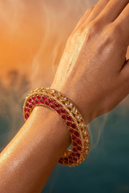 Gold Finish Kundan Polki & Ruby Stone Bangle
