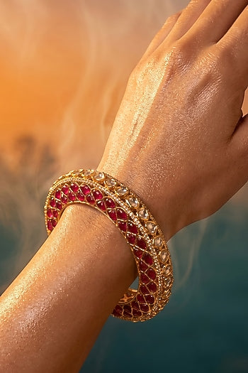 Gold Finish Kundan Polki & Ruby Stone Bangle