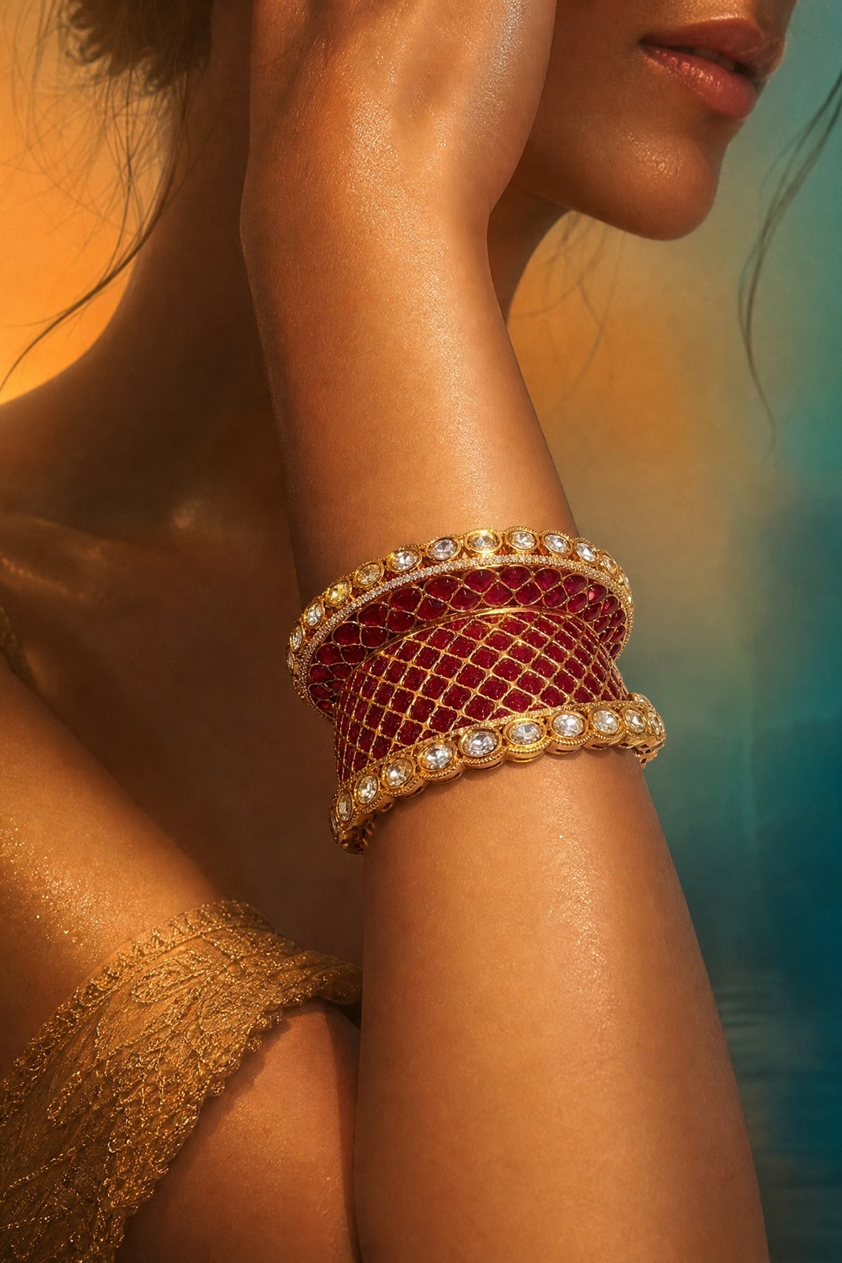 Gold Finish Kundan Polki & Ruby Stone Bangle