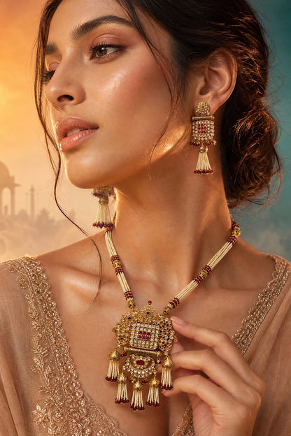 Gold Finish Pearl & Gold Stone Long Necklace Set