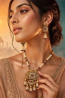 Gold Finish Pearl & Gold Stone Long Necklace Set