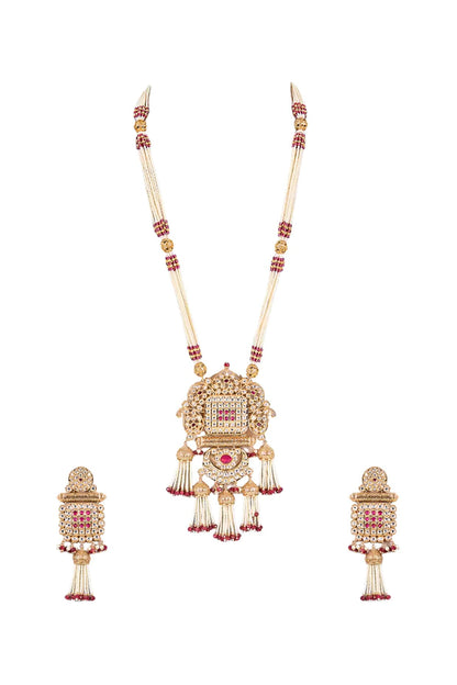 Gold Finish Pearl & Gold Stone Long Necklace Set