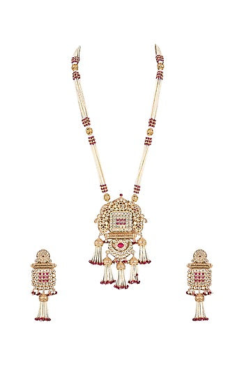 Gold Finish Pearl & Gold Stone Long Necklace Set