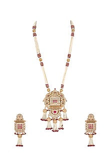 Gold Finish Pearl & Gold Stone Long Necklace Set
