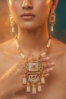 Gold Finish Pearl & Gold Stone Long Necklace Set