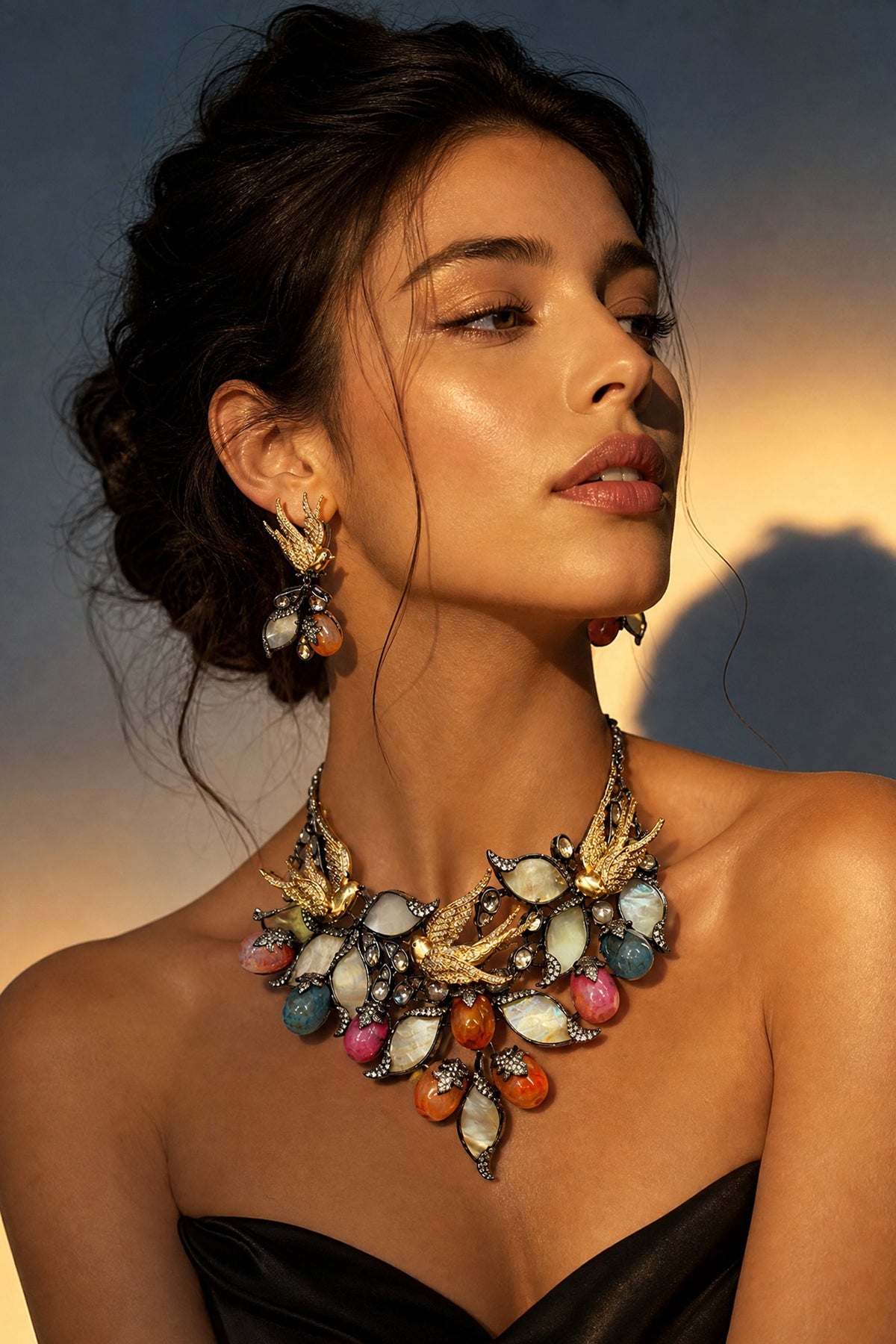 Antique Silver Finish Swarovski Crystal & Multi-Colored Stone Choker Necklace Set