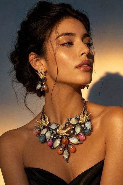 Antique Silver Finish Swarovski Crystal & Multi-Colored Stone Choker Necklace Set