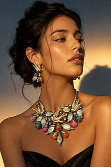 Antique Silver Finish Swarovski Crystal & Multi-Colored Stone Choker Necklace Set