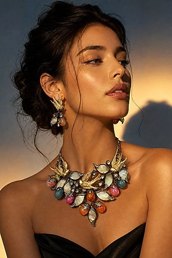 Antique Silver Finish Swarovski Crystal & Multi-Colored Stone Choker Necklace Set