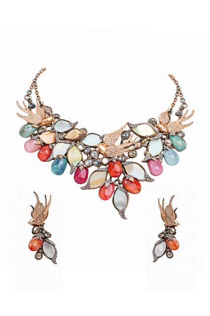 Antique Silver Finish Swarovski Crystal & Multi-Colored Stone Choker Necklace Set