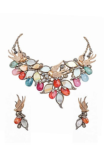 Antique Silver Finish Swarovski Crystal & Multi-Colored Stone Choker Necklace Set